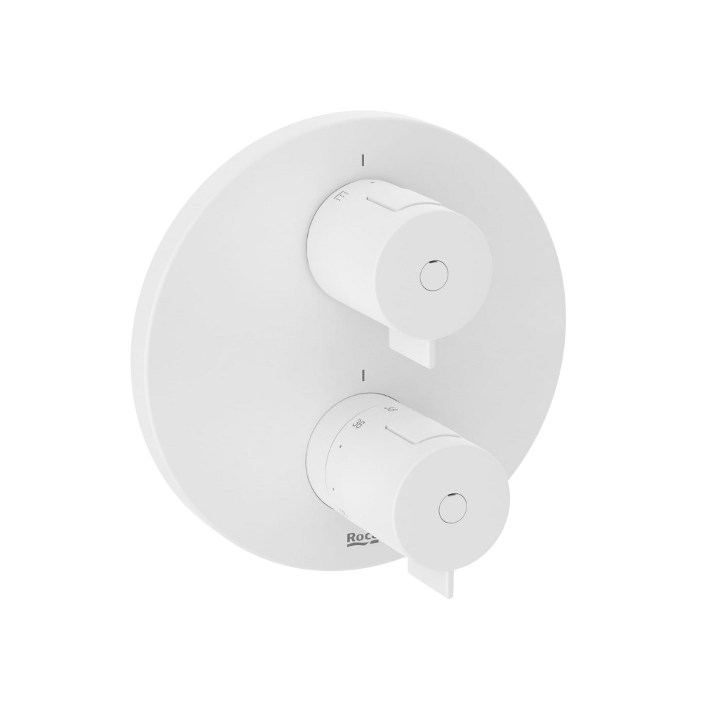 Cut out image of the Roca T-500 Matt White Round 2 Outlet Concealed Thermostatic Shower Valve